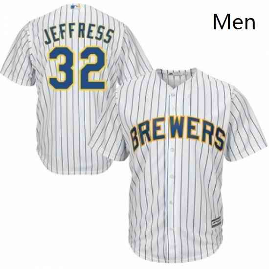 Mens Majestic Milwaukee Brewers 32 Jeremy Jeffress Replica White Home Cool Base MLB Jersey